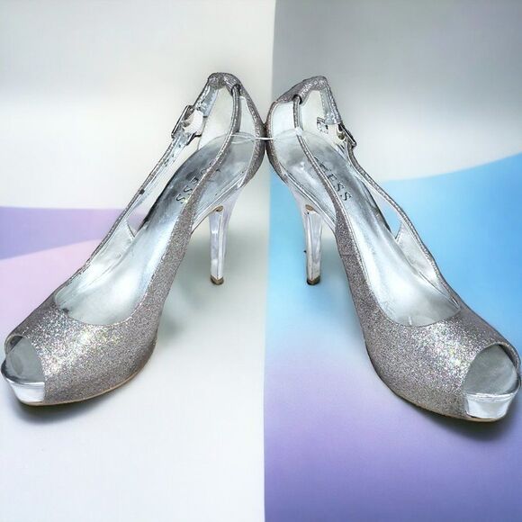 Guess rainbow silver glitter encrusted peep-toe stiletto heels - Picture 4 of 6